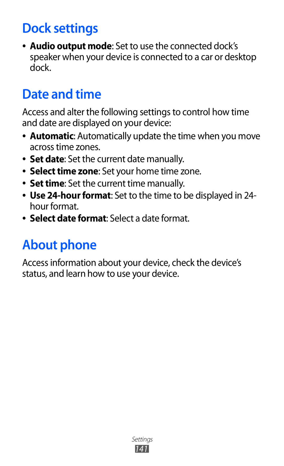 Samsung GT-I9100LKAXEU user manual Dock settings, Date and time, About phone 