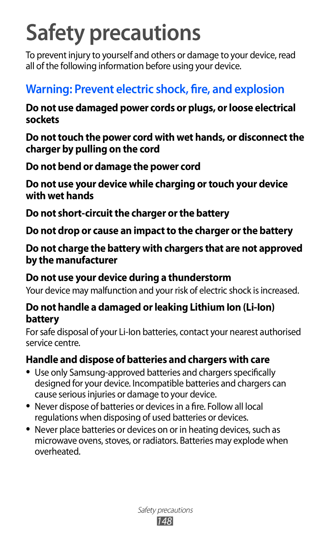 Samsung GT-I9100LKAXEU user manual Safety precautions, Handle and dispose of batteries and chargers with care 