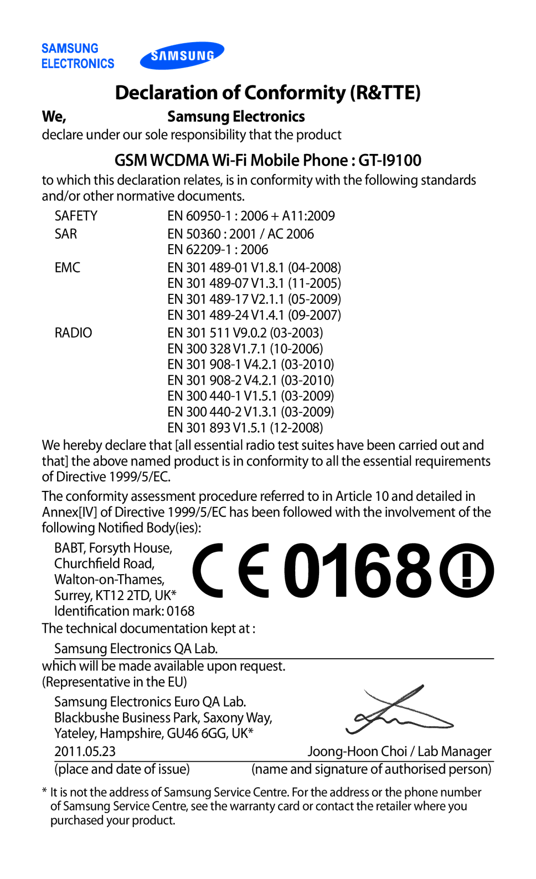 Samsung GT-I9100LKAXEU user manual Declaration of Conformity R&TTE, GSM Wcdma Wi-Fi Mobile Phone GT-I9100 