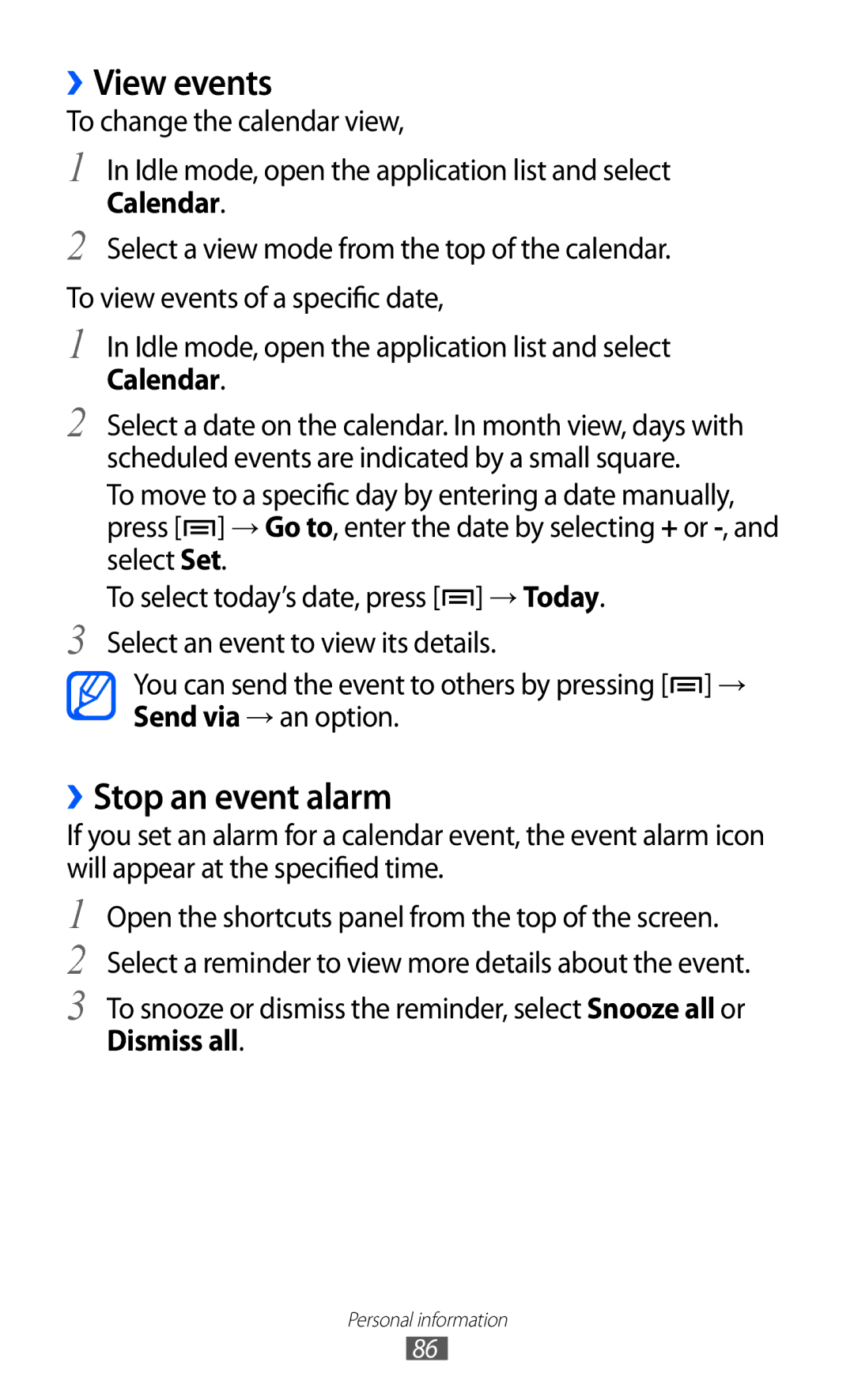 Samsung GT-I9100LKAXEU user manual ››View events, ››Stop an event alarm, Dismiss all 