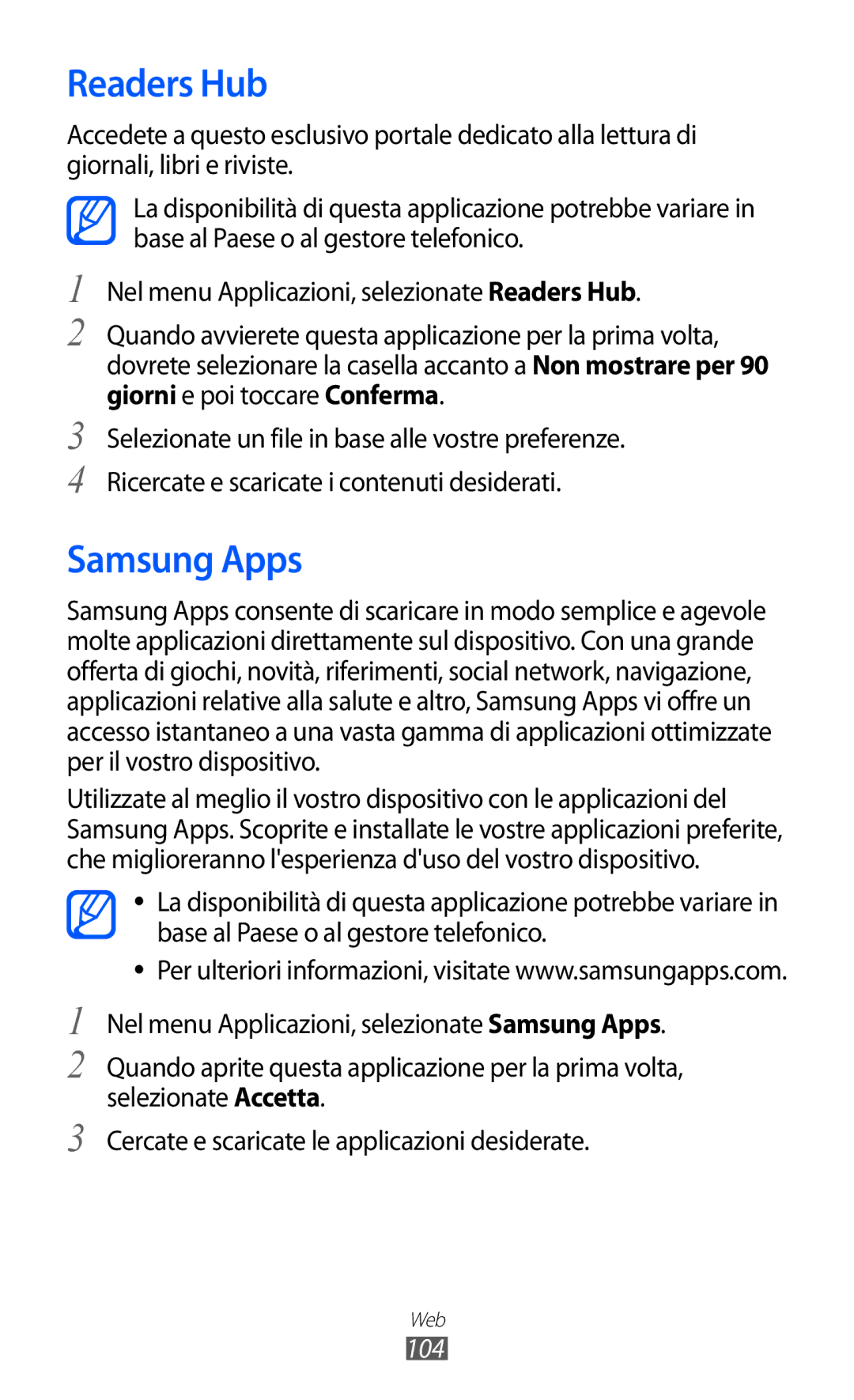 Samsung GT-I9100RWAOMN, GT-I9100LKAXSP, GT-I9100LKAITV, GT-I9100LKATUR, GT-I9100RWAITV manual Readers Hub, Samsung Apps, 104 