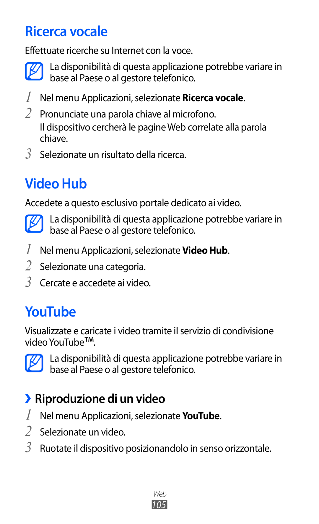 Samsung GT-I9100LKGITV, GT-I9100LKAXSP, GT-I9100LKAITV, GT-I9100LKATUR manual Ricerca vocale, Video Hub, YouTube, 105 