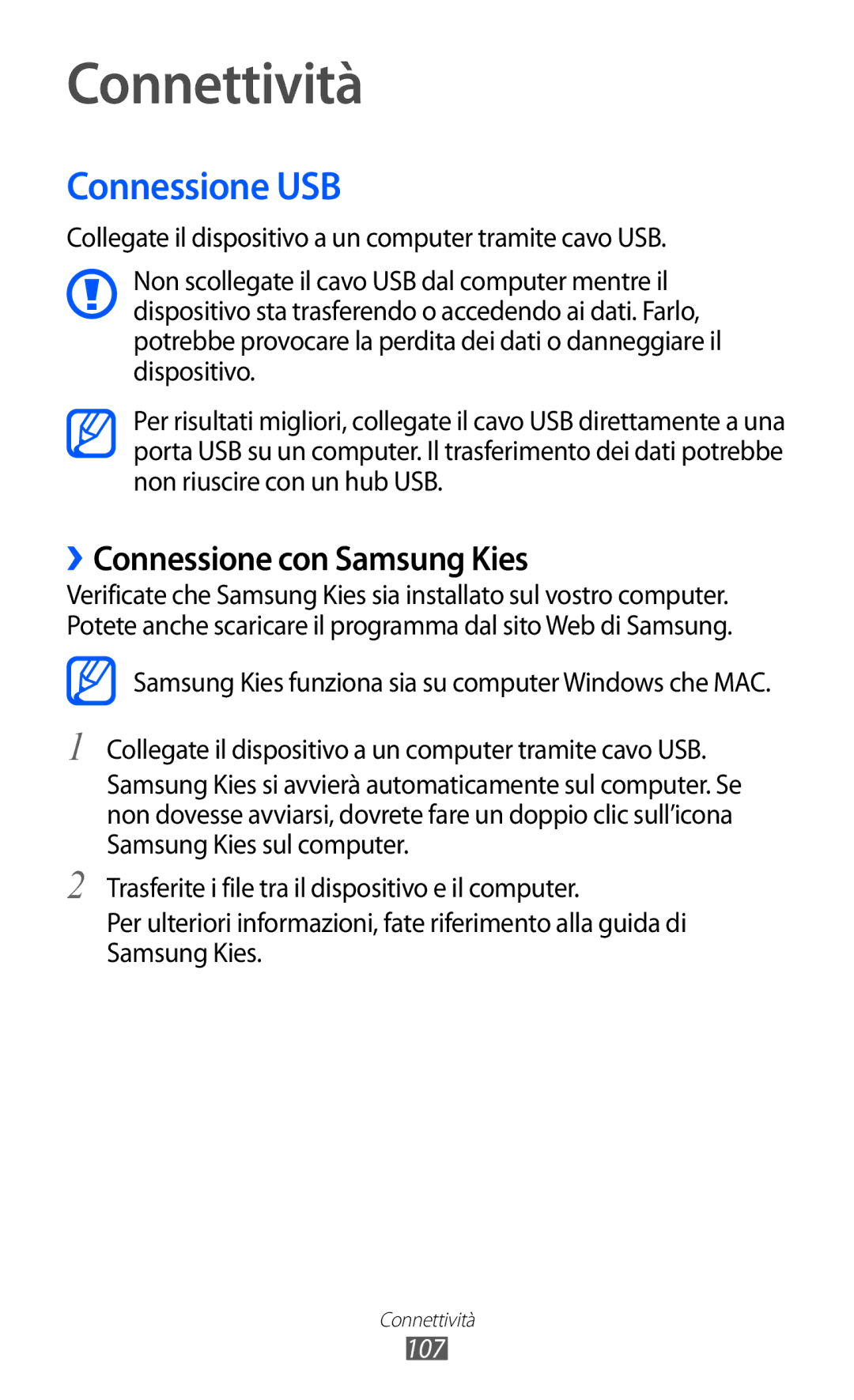 Samsung GT-I9100RWAAUT, GT-I9100LKAXSP, GT-I9100LKAITV, GT-I9100LKATUR Connessione USB, ››Connessione con Samsung Kies, 107 