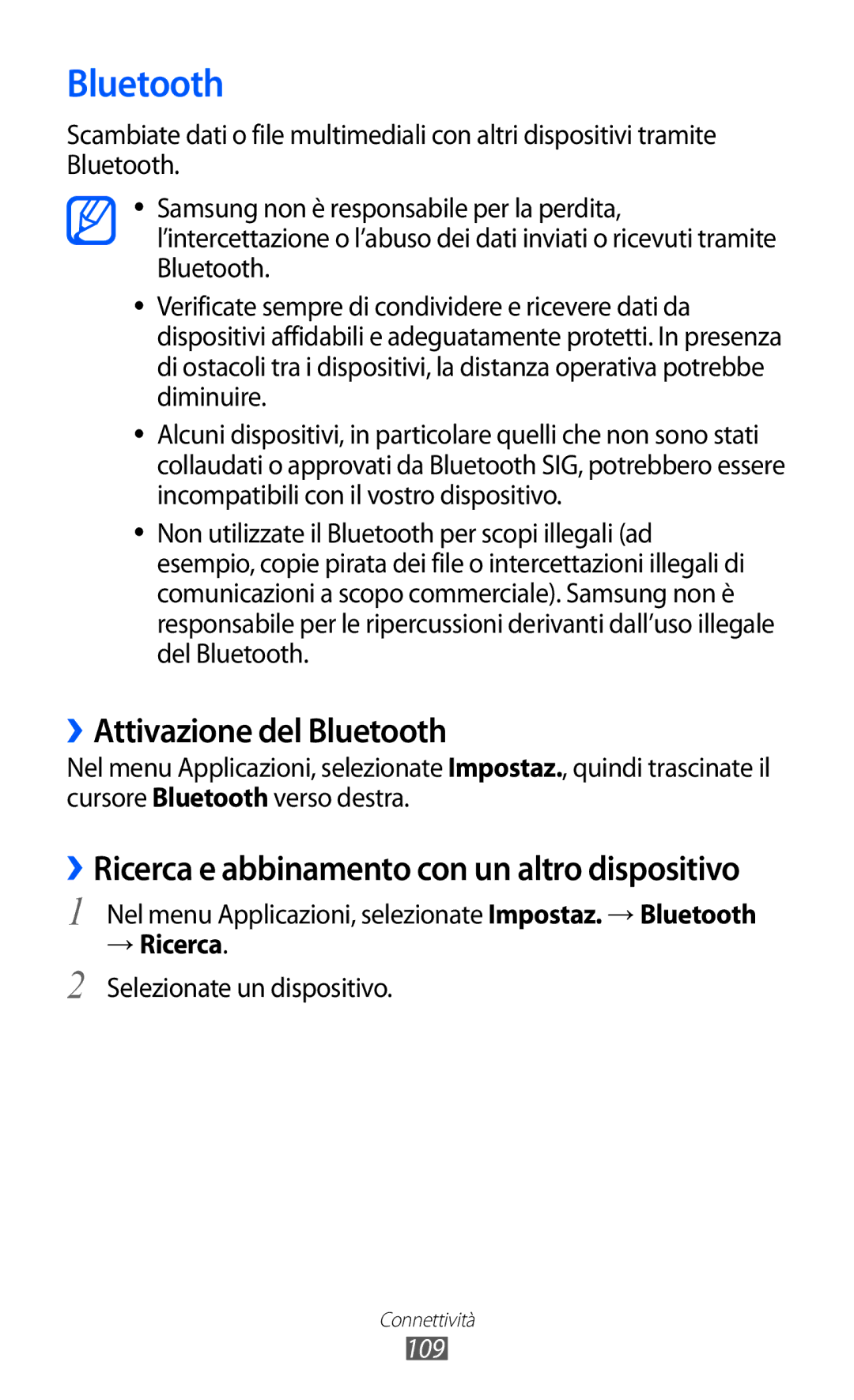 Samsung GT-I9100LKAFWB, GT-I9100LKAXSP, GT-I9100LKAITV, GT-I9100LKATUR manual ››Attivazione del Bluetooth, → Ricerca, 109 