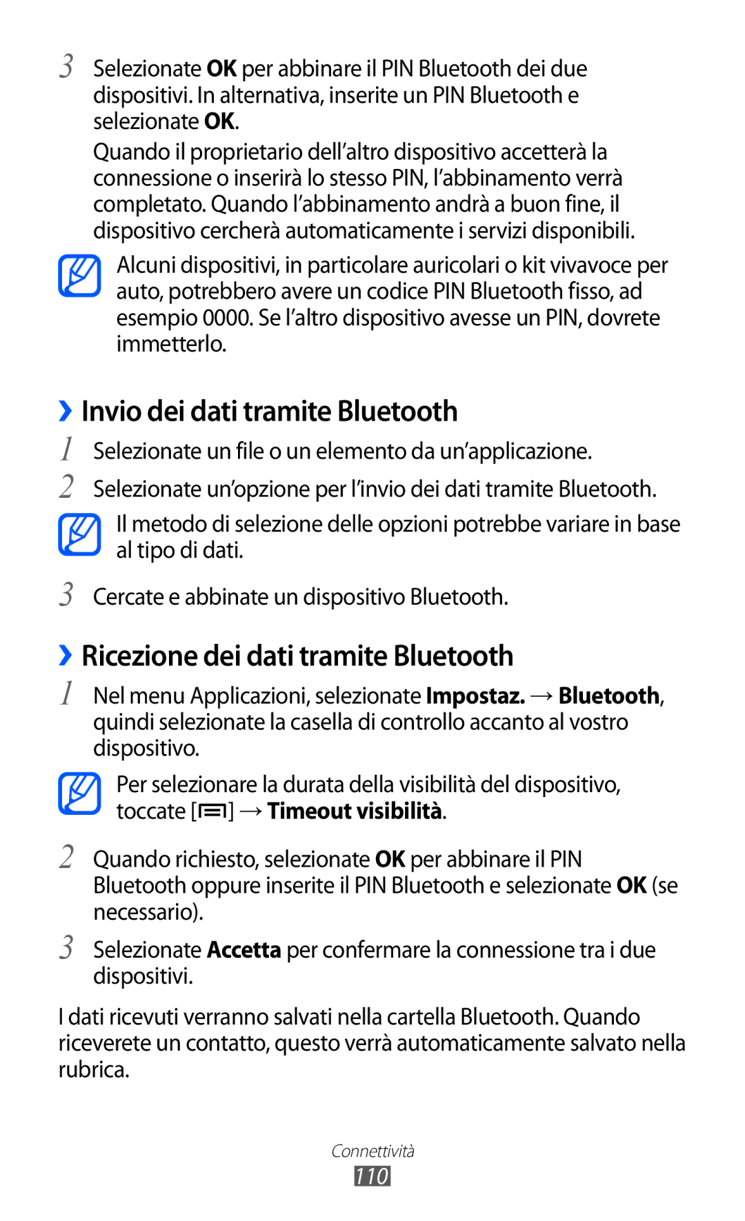 Samsung GT-I9100RWAWIN, GT-I9100LKAXSP ››Invio dei dati tramite Bluetooth, ››Ricezione dei dati tramite Bluetooth, 110 