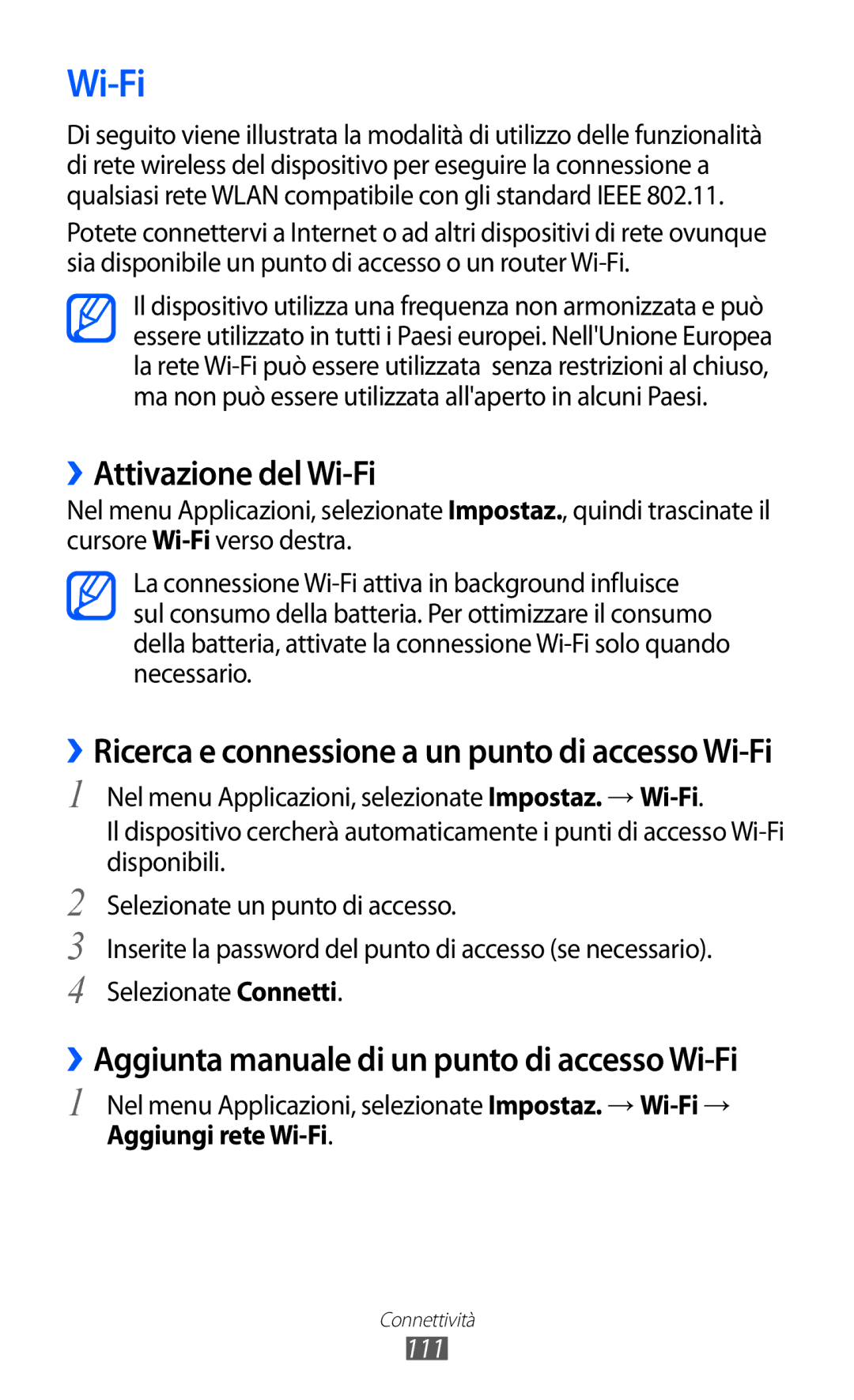 Samsung GT-I9100OIAHUI manual ››Attivazione del Wi-Fi, ››Ricerca e connessione a un punto di accesso Wi-Fi, 111 