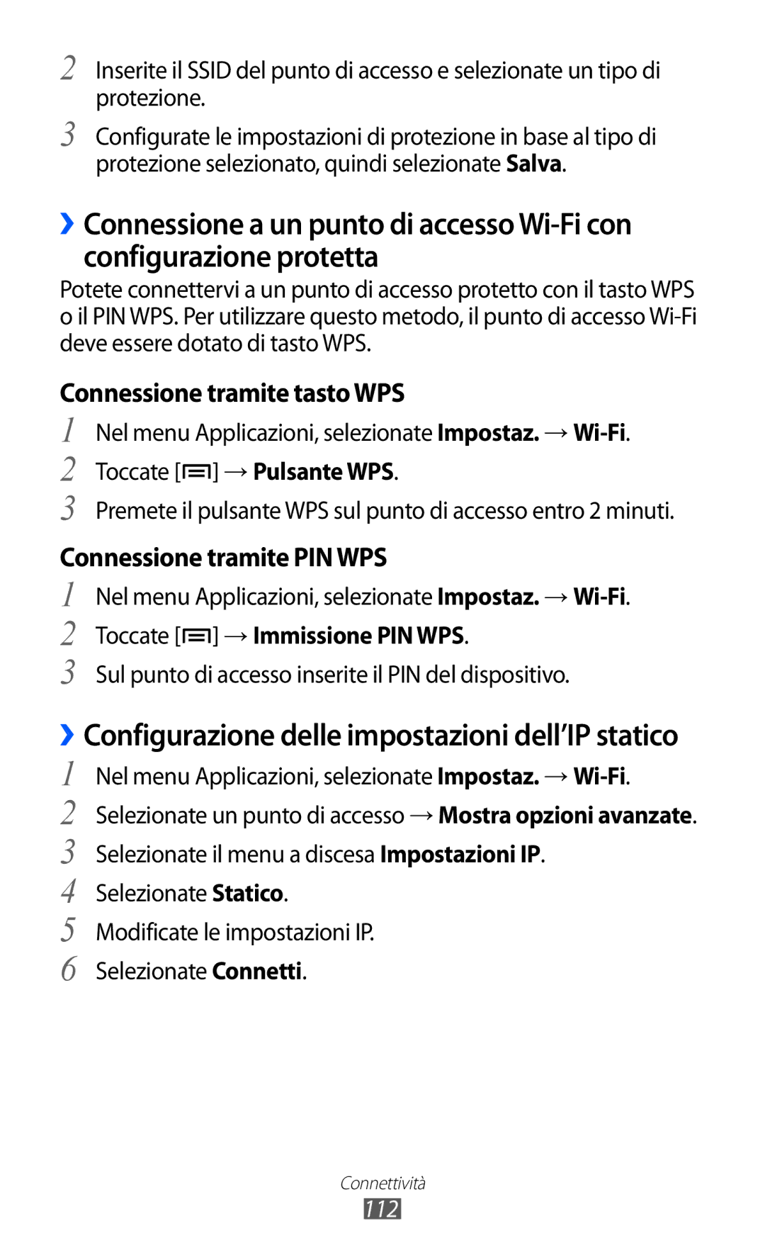 Samsung GT-I9100LKAVOM, GT-I9100LKAXSP, GT-I9100LKAITV manual Connessione tramite tasto WPS, Connessione tramite PIN WPS, 112 