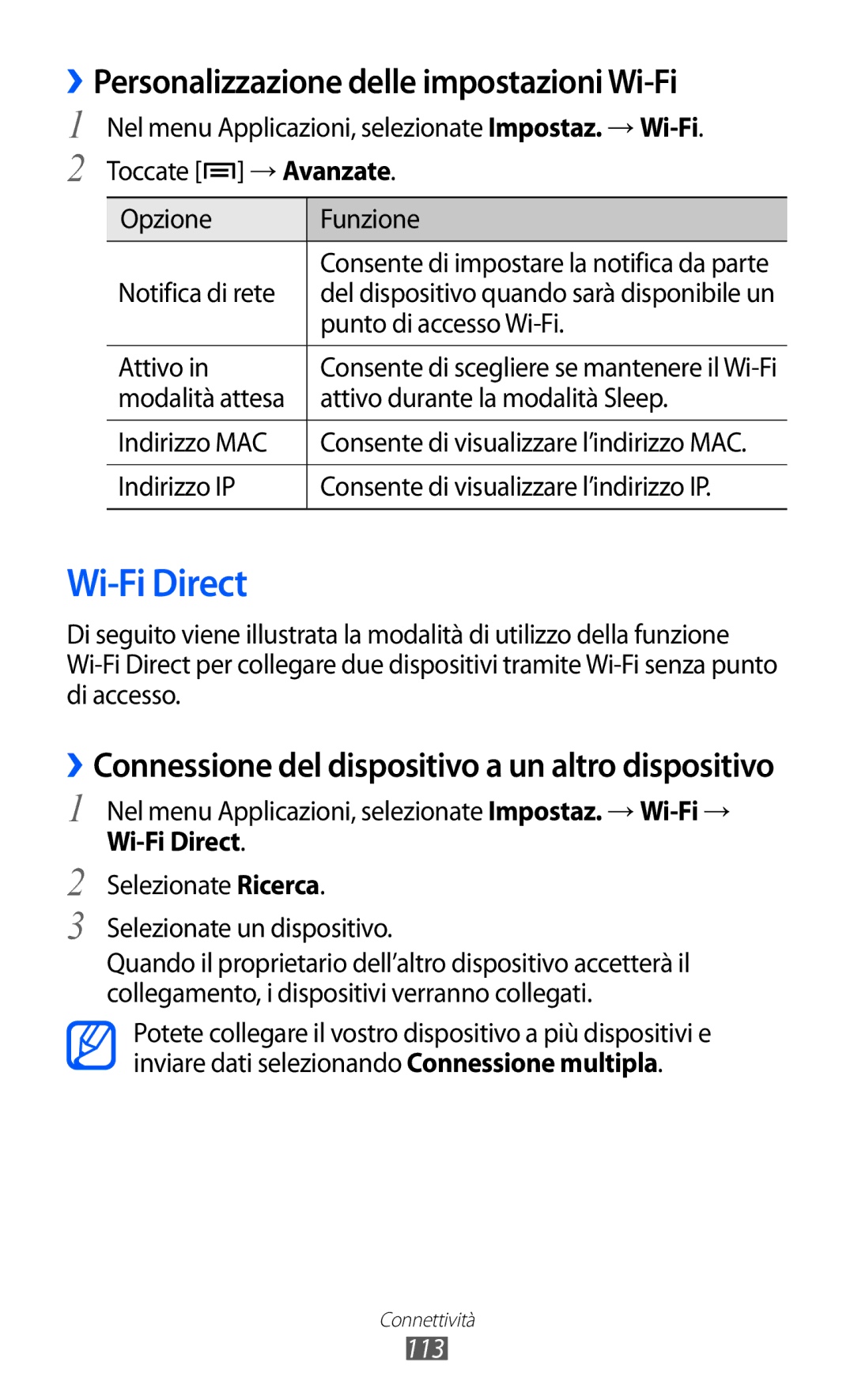 Samsung GT-I9100LKATIM, GT-I9100LKAXSP, GT-I9100LKAITV manual Wi-Fi Direct, ››Personalizzazione delle impostazioni Wi-Fi, 113 