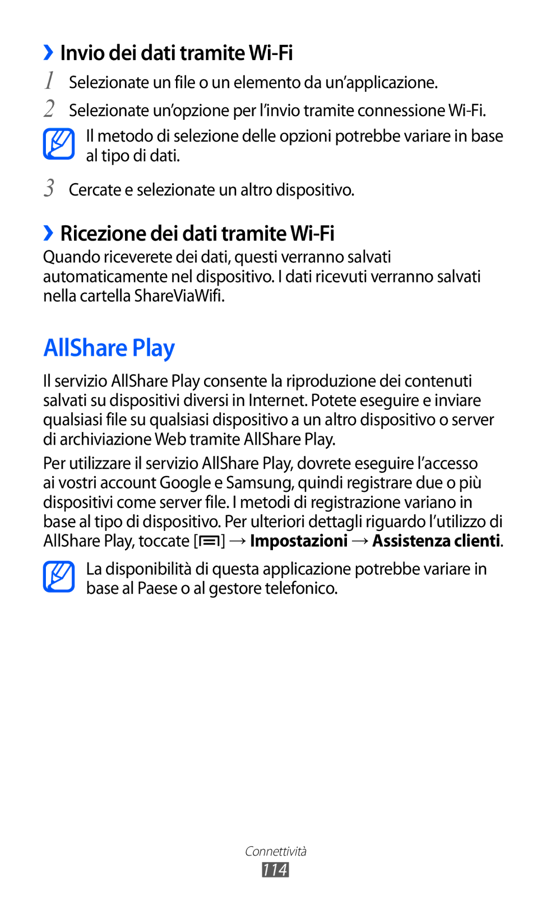 Samsung GT-I9100OIAITV manual AllShare Play, ››Invio dei dati tramite Wi-Fi, ››Ricezione dei dati tramite Wi-Fi, 114 