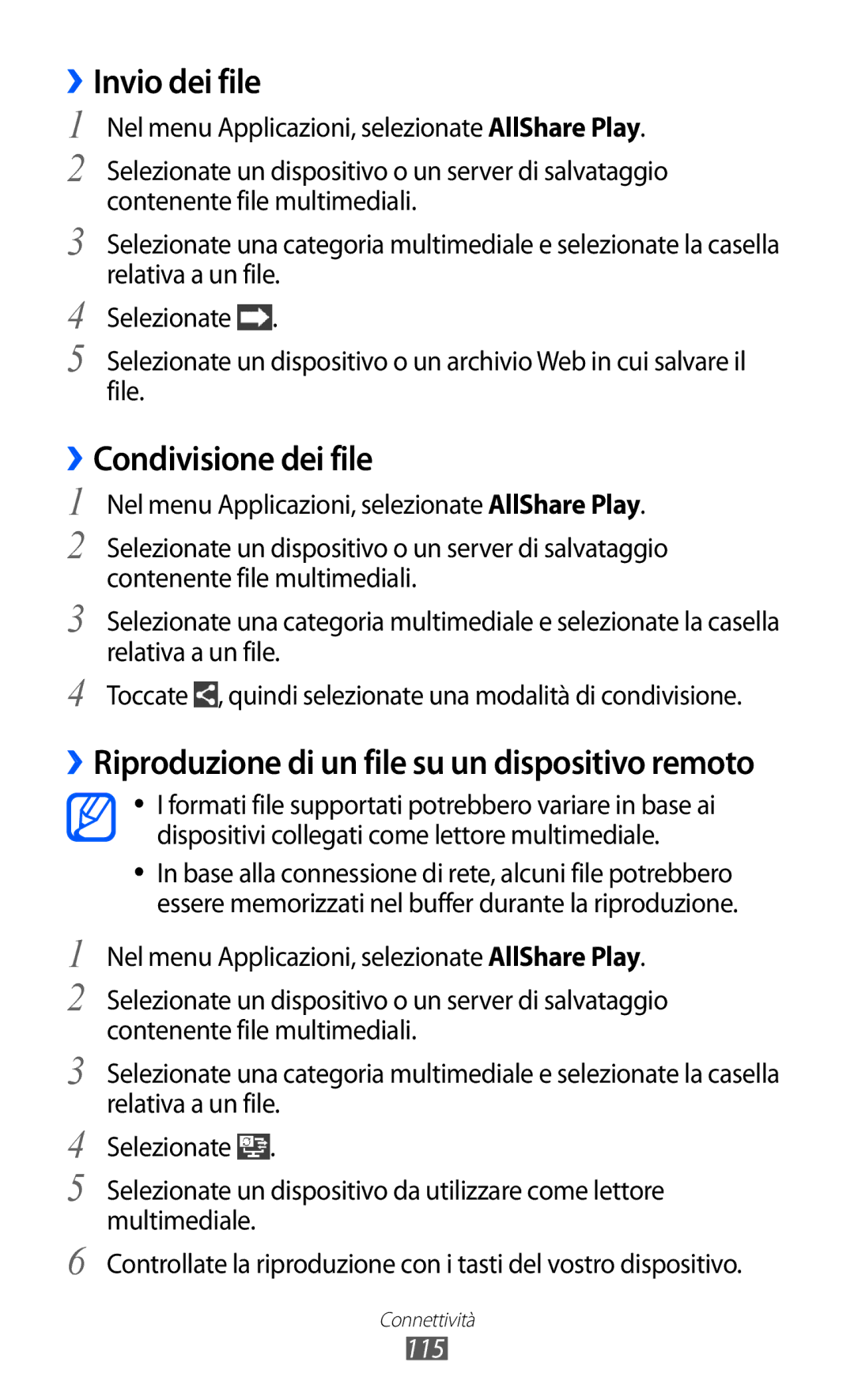 Samsung GT-I9100LKNTIM, GT-I9100LKAXSP manual ››Invio dei file, ››Condivisione dei file, Relativa a un file, File, 115 