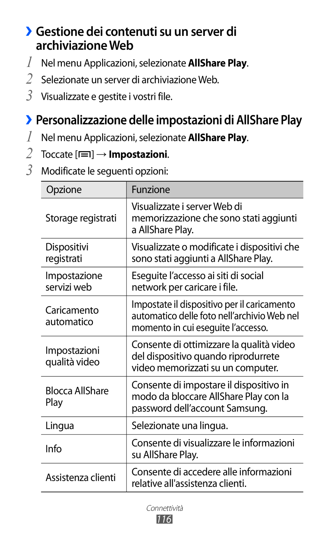 Samsung GT-I9100LKAWIN, GT-I9100LKAXSP, GT-I9100LKAITV manual ››Gestione dei contenuti su un server di archiviazione Web, 116 