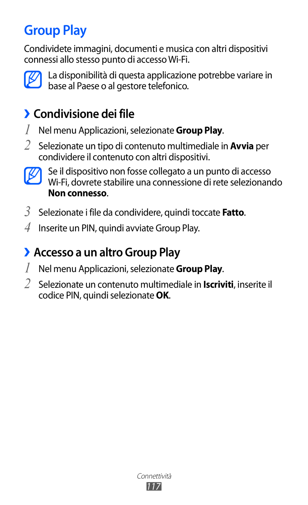 Samsung GT-I9100LKAOMN manual ››Accesso a un altro Group Play, Nel menu Applicazioni, selezionate Group Play, 117 