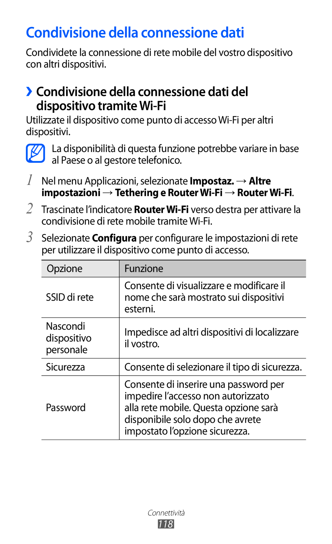 Samsung GT-I9100OIAOMN, GT-I9100LKAXSP, GT-I9100LKAITV, GT-I9100LKATUR manual Condivisione della connessione dati, 118 