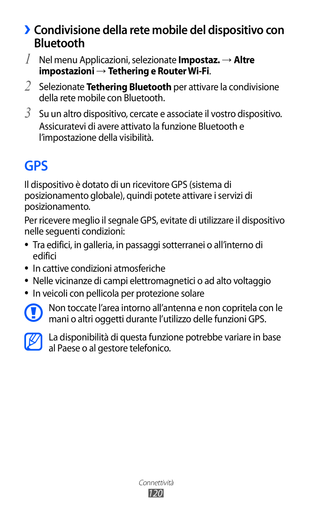 Samsung GT-I9100LKEITV, GT-I9100LKAXSP, GT-I9100LKAITV Bluetooth, ››Condivisione della rete mobile del dispositivo con, 120 