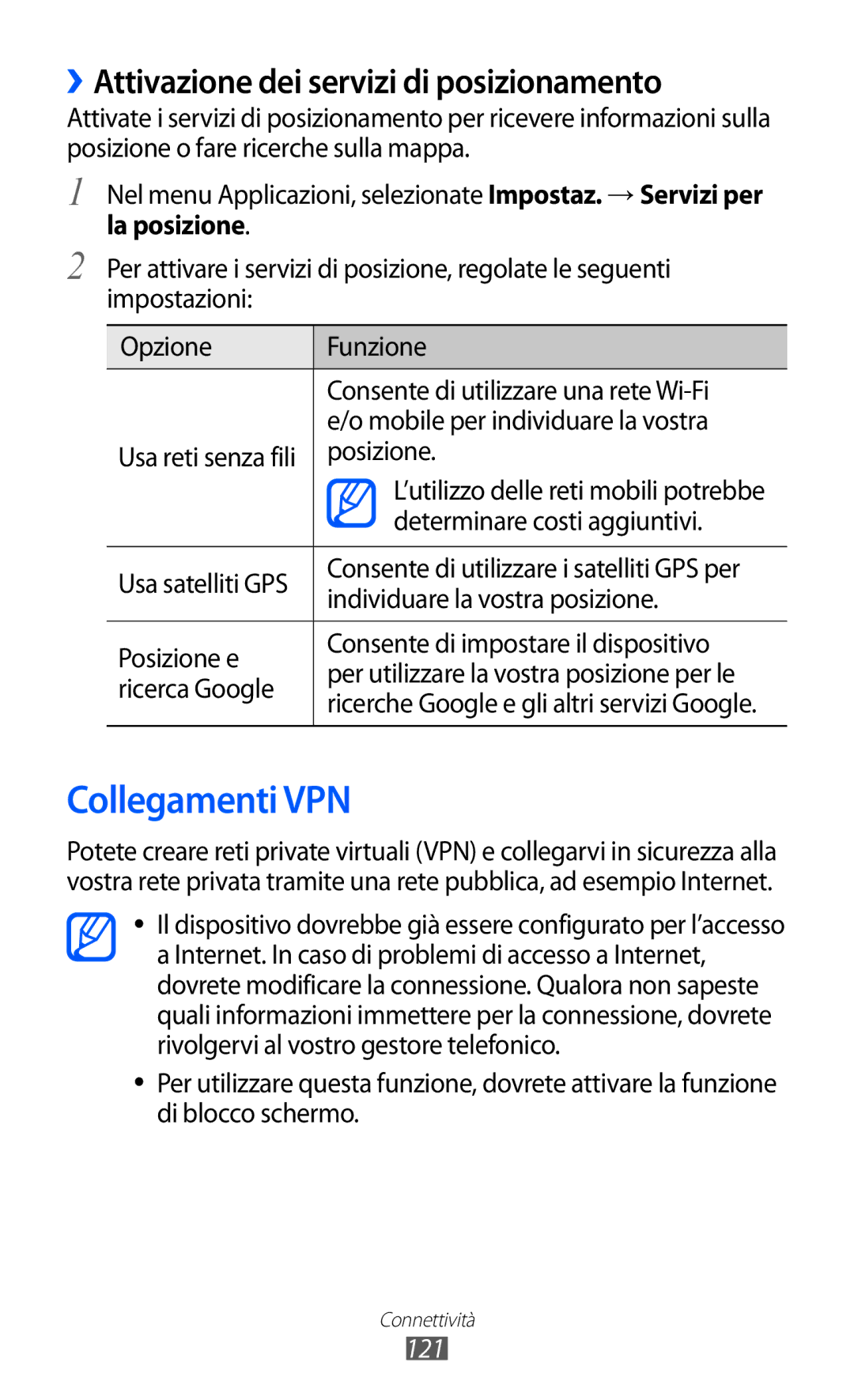 Samsung GT-I9100RWGITV, GT-I9100LKAXSP, GT-I9100LKAITV Collegamenti VPN, ››Attivazione dei servizi di posizionamento, 121 