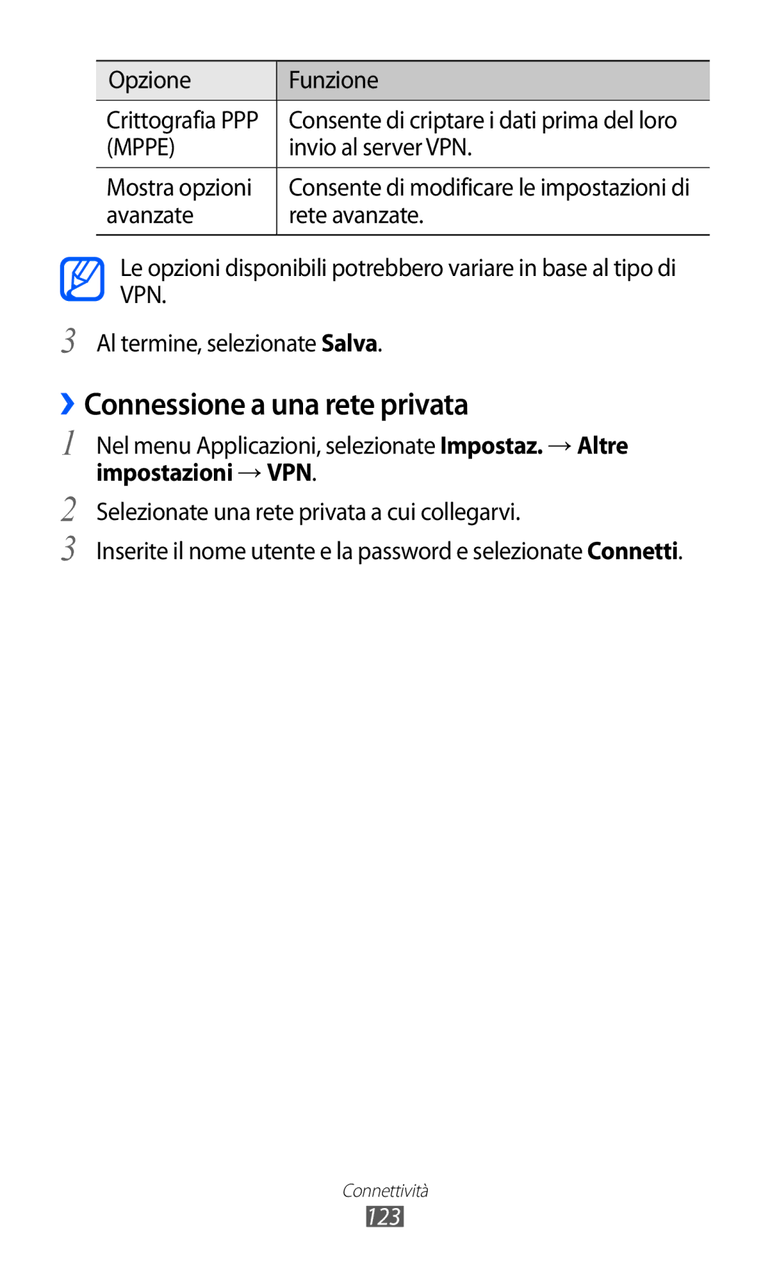 Samsung GT-I9100LKPTIM, GT-I9100LKAXSP, GT-I9100LKAITV manual ››Connessione a una rete privata, Invio al server VPN, 123 