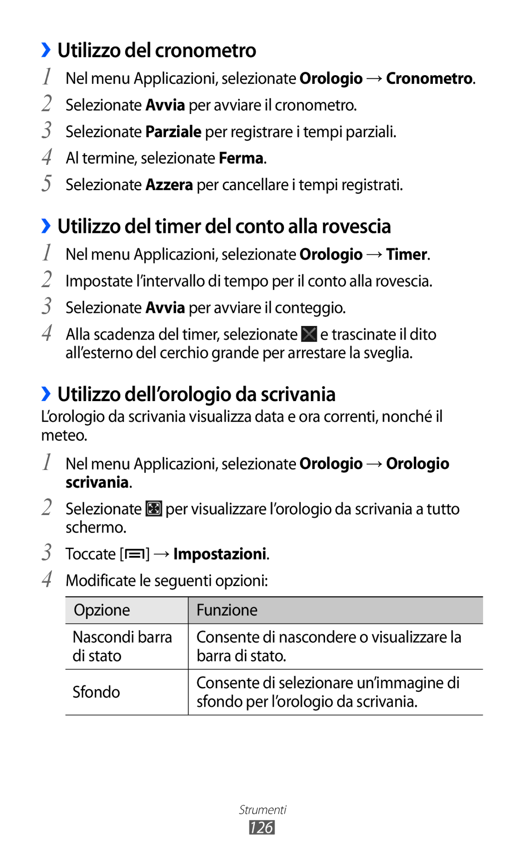 Samsung GT-I9100LKAITV manual ››Utilizzo del cronometro, ››Utilizzo del timer del conto alla rovescia, Scrivania, 126 