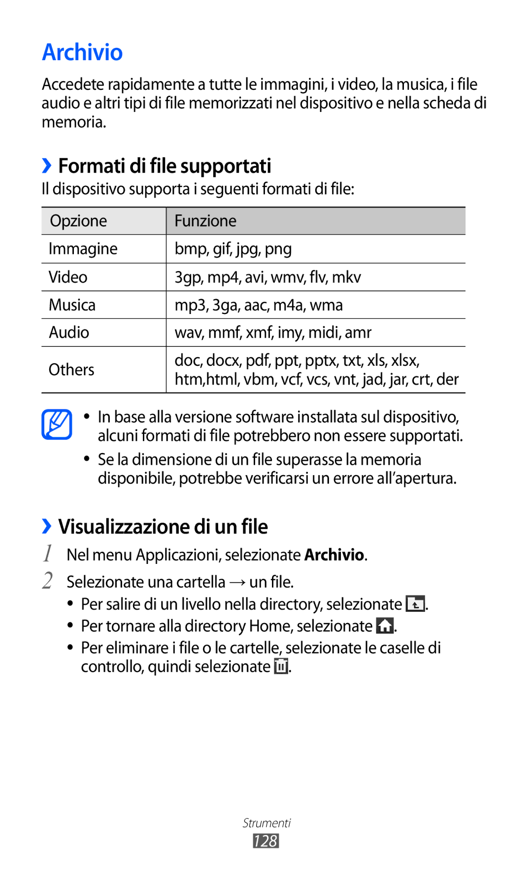 Samsung GT-I9100RWAITV, GT-I9100LKAXSP manual Archivio, ››Formati di file supportati, ››Visualizzazione di un file, 128 