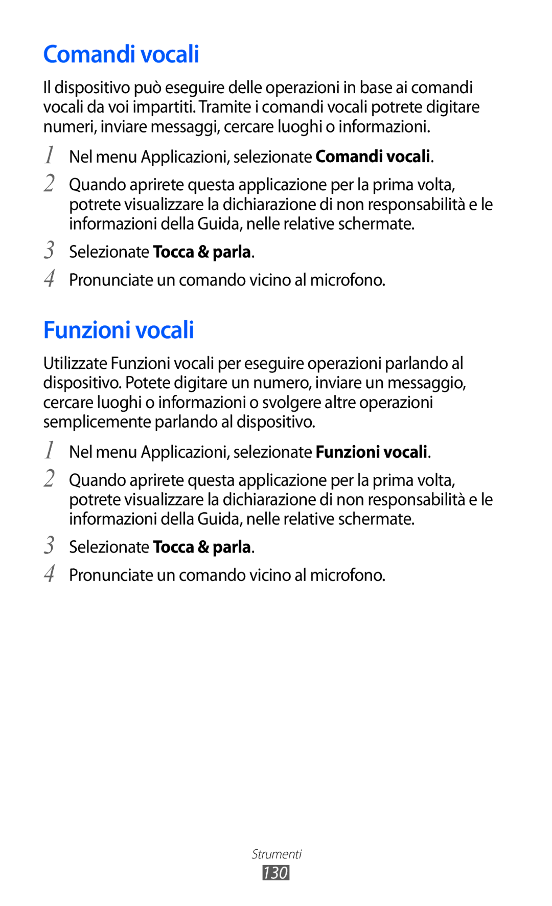 Samsung GT-I9100LKGITV, GT-I9100LKAXSP manual Funzioni vocali, Nel menu Applicazioni, selezionate Comandi vocali, 130 