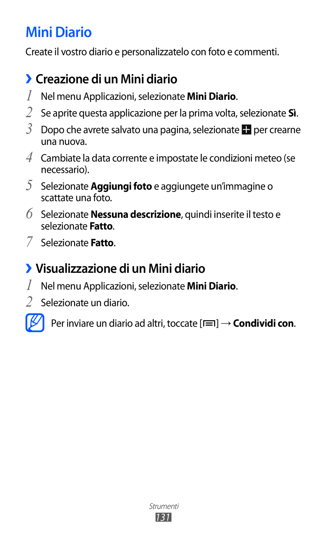 Samsung GT-I9100RWAHUI, GT-I9100LKAXSP Mini Diario, Creazione di un Mini diario, ››Visualizzazione di un Mini diario, 131 