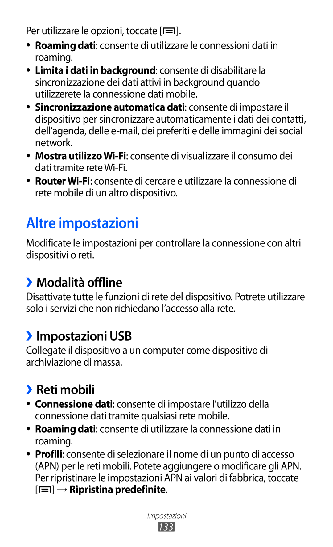 Samsung GT-I9100LKNITV, GT-I9100LKAXSP manual Altre impostazioni, ››Modalità offline, ››Impostazioni USB, ››Reti mobili, 133 