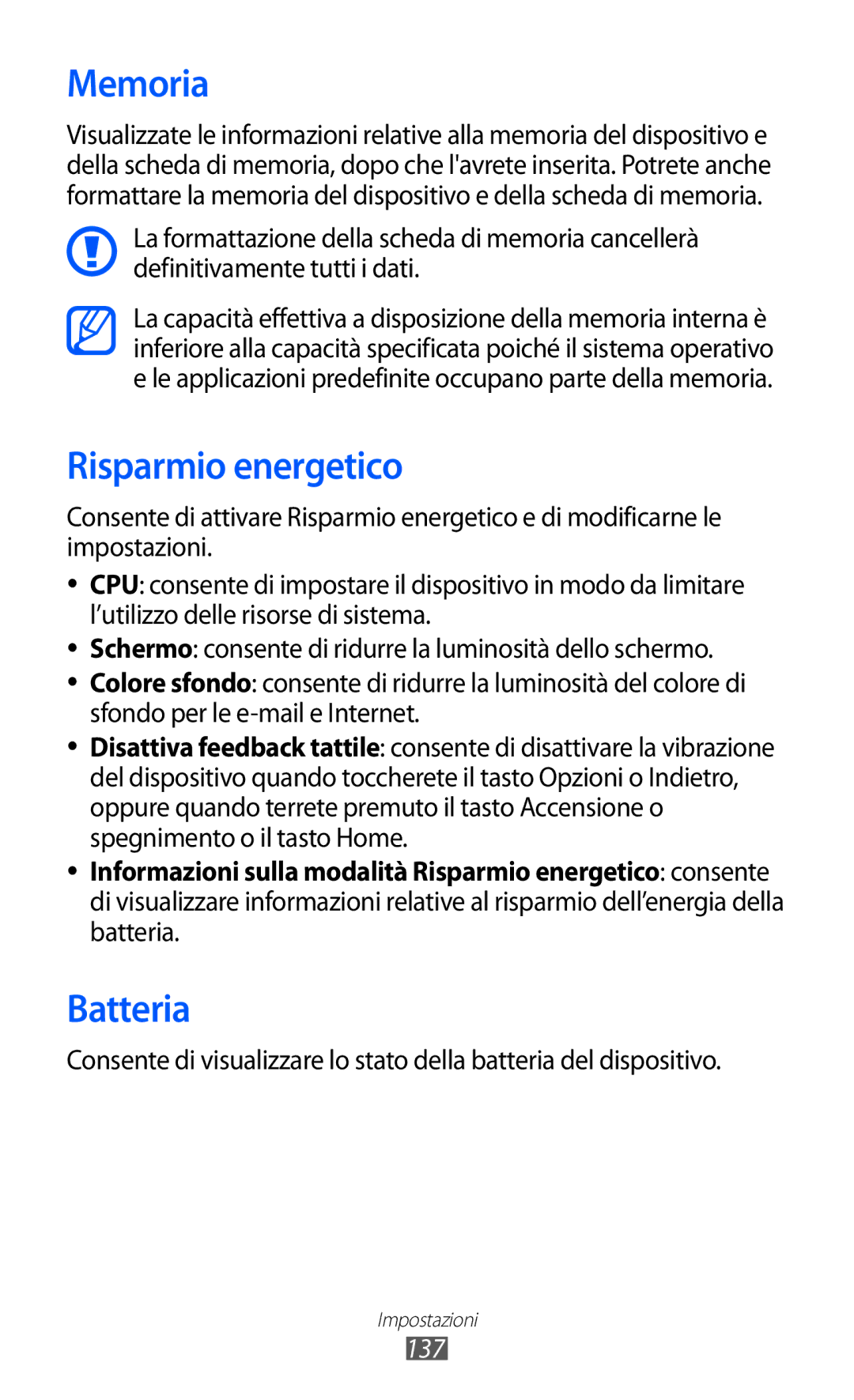 Samsung GT-I9100LKAVOM, GT-I9100LKAXSP, GT-I9100LKAITV, GT-I9100LKATUR manual Memoria, Risparmio energetico, Batteria, 137 