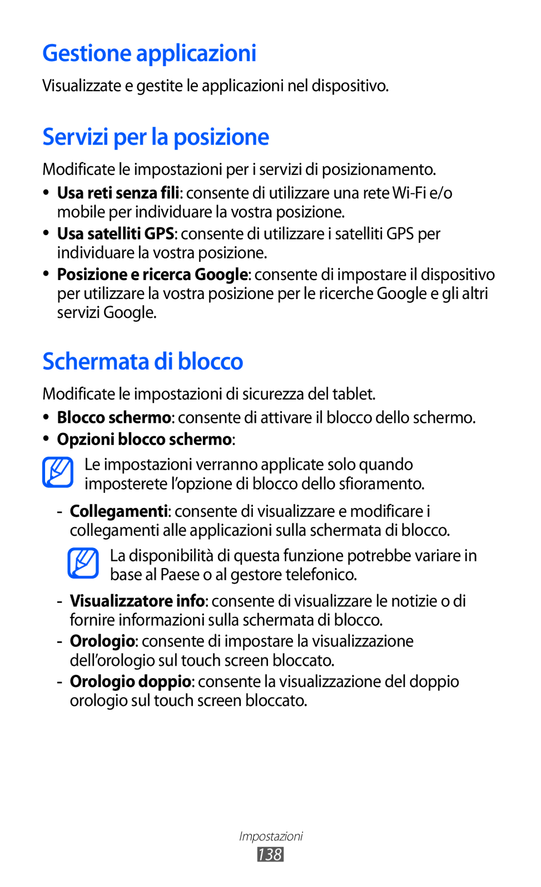 Samsung GT-I9100LKATIM, GT-I9100LKAXSP manual Gestione applicazioni, Servizi per la posizione, Schermata di blocco, 138 