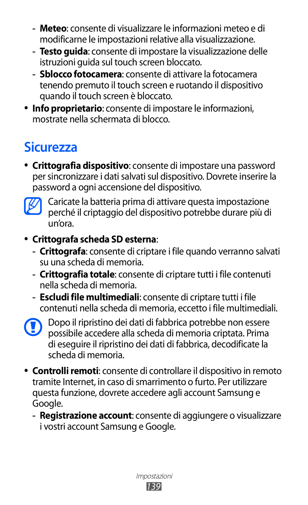 Samsung GT-I9100OIAITV, GT-I9100LKAXSP, GT-I9100LKAITV, GT-I9100LKATUR manual Sicurezza, Crittografa scheda SD esterna, 139 