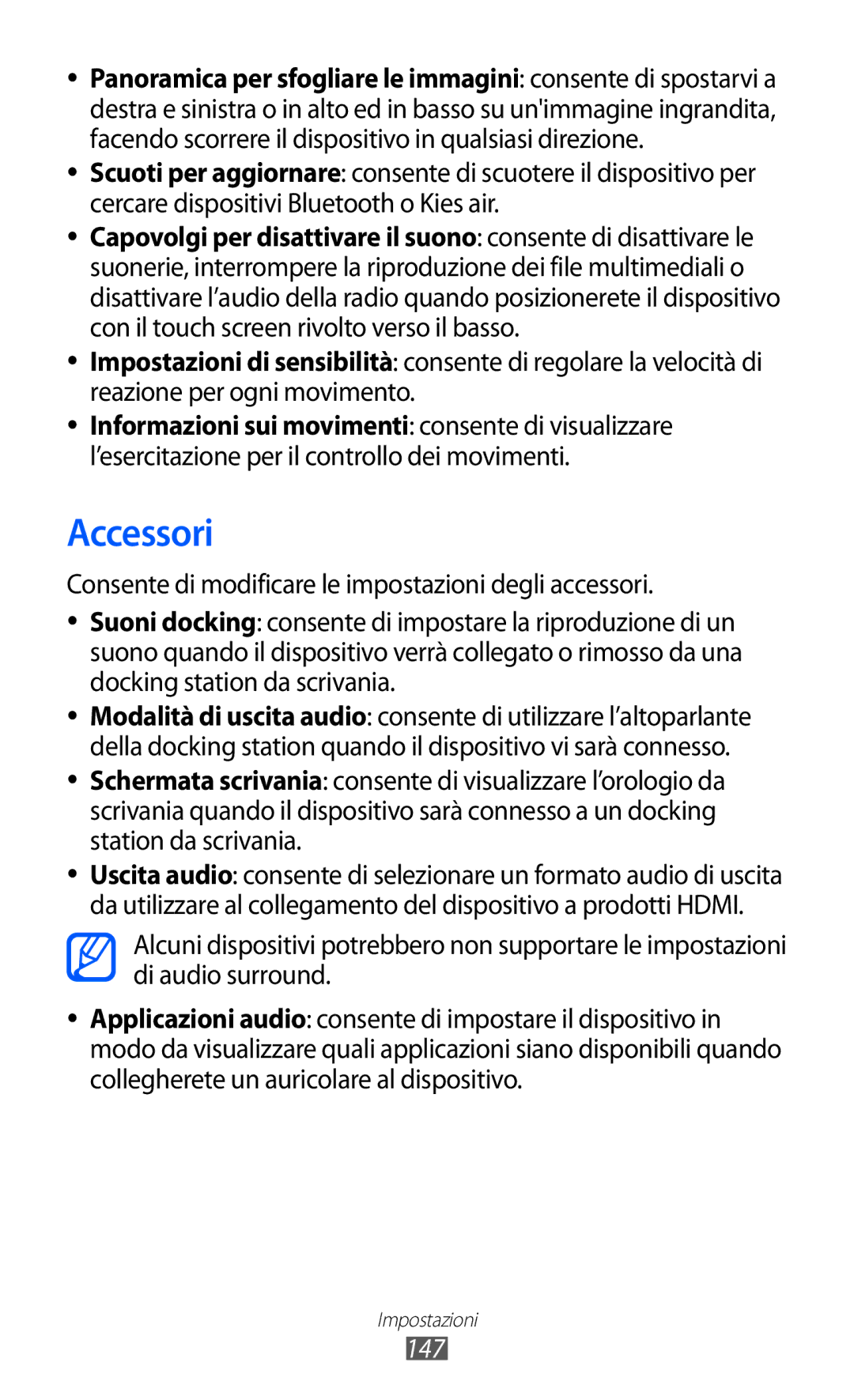 Samsung GT-I9100SWNTIM, GT-I9100LKAXSP manual Accessori, Consente di modificare le impostazioni degli accessori, 147 