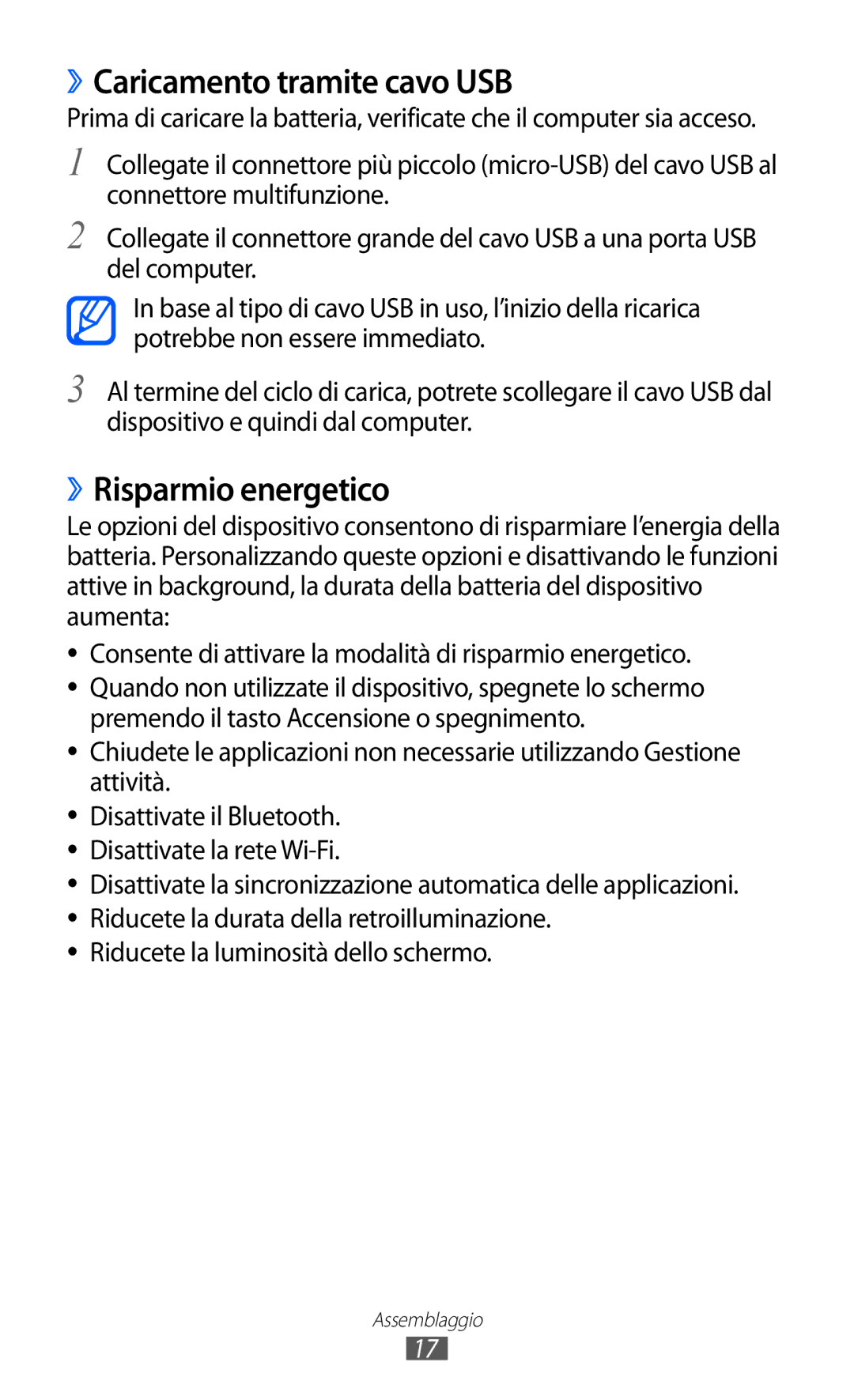 Samsung GT-I9100LKAOMN manual ››Caricamento tramite cavo USB, ››Risparmio energetico, Riducete la luminosità dello schermo 