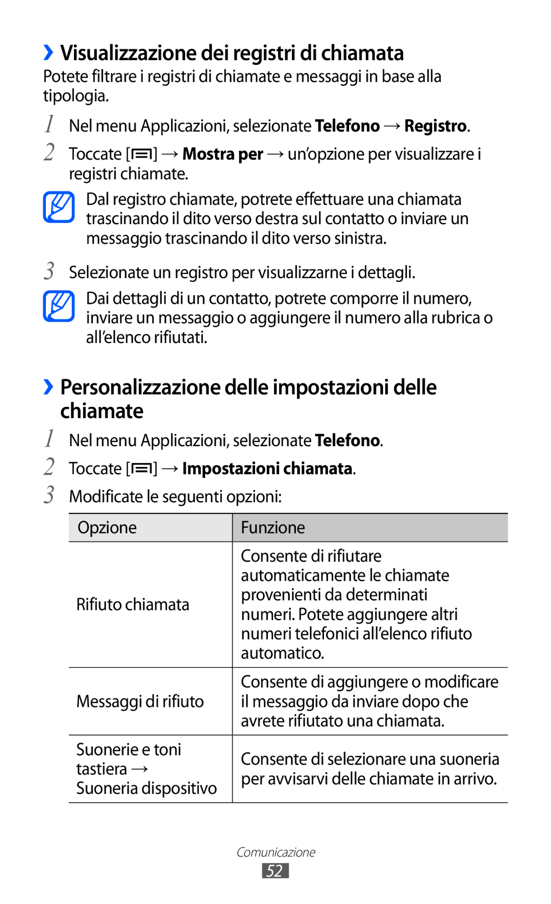 Samsung GT-I9100LKATUR ››Visualizzazione dei registri di chiamata, ››Personalizzazione delle impostazioni delle chiamate 