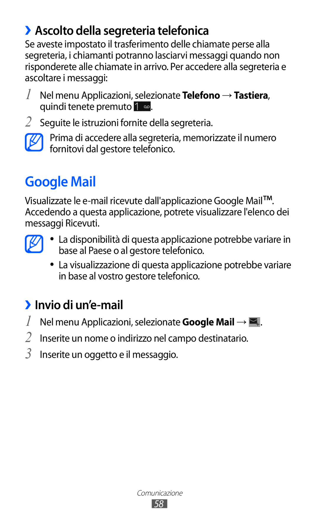 Samsung GT-I9100LKNITV, GT-I9100LKAXSP manual Google Mail, ››Ascolto della segreteria telefonica, ››Invio di un’e-mail 