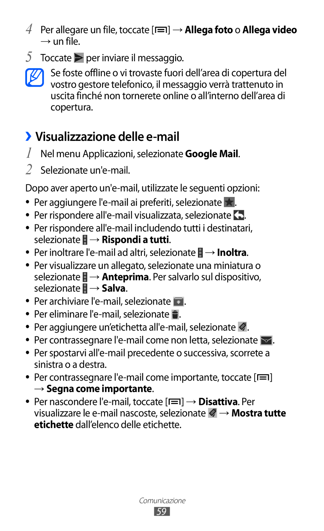 Samsung GT-I9100LKAFWB, GT-I9100LKAXSP ››Visualizzazione delle e-mail, Per aggiungere le-mail ai preferiti, selezionate 