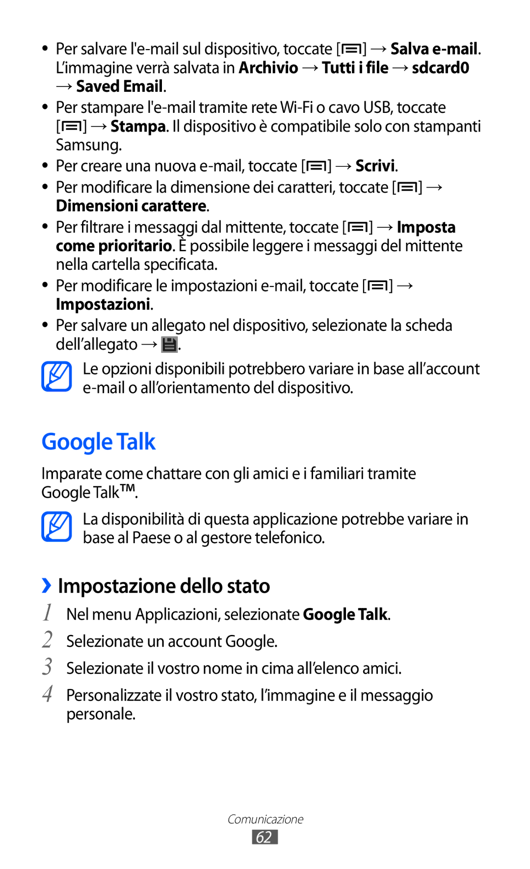 Samsung GT-I9100LKAVOM, GT-I9100LKAXSP, GT-I9100LKAITV manual Google Talk, ››Impostazione dello stato, → Saved Email 