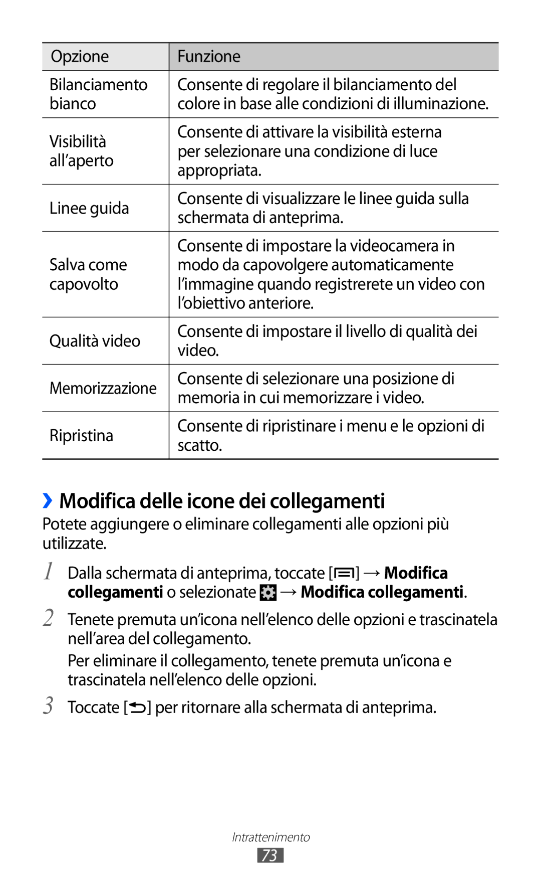 Samsung GT-I9100LKPTIM ››Modifica delle icone dei collegamenti, Qualità video, Video, Memoria in cui memorizzare i video 