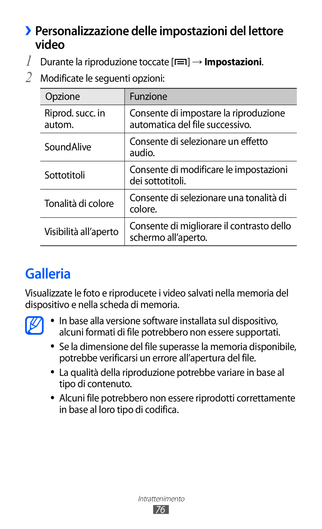 Samsung GT-I9100LKAITV, GT-I9100LKAXSP, GT-I9100LKATUR Galleria, ››Personalizzazione delle impostazioni del lettore video 