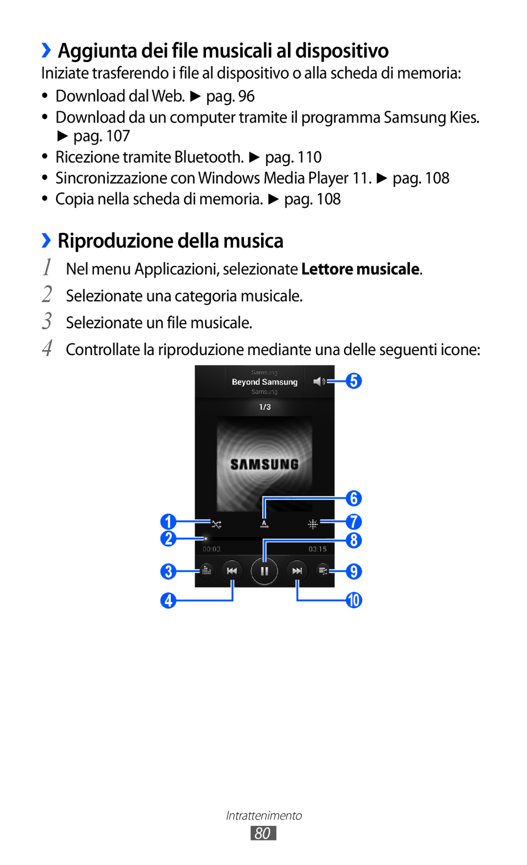 Samsung GT-I9100LKGITV, GT-I9100LKAXSP manual ››Aggiunta dei file musicali al dispositivo, ››Riproduzione della musica 