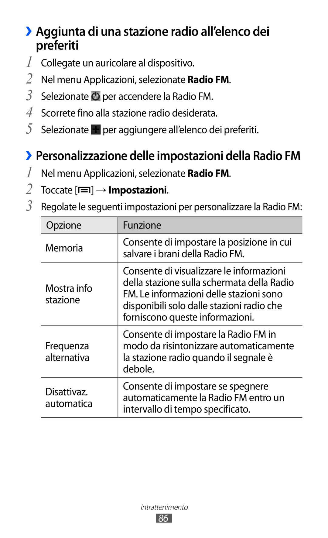 Samsung GT-I9100OIAHUI, GT-I9100LKAXSP, GT-I9100LKAITV manual ››Aggiunta di una stazione radio all’elenco dei preferiti 