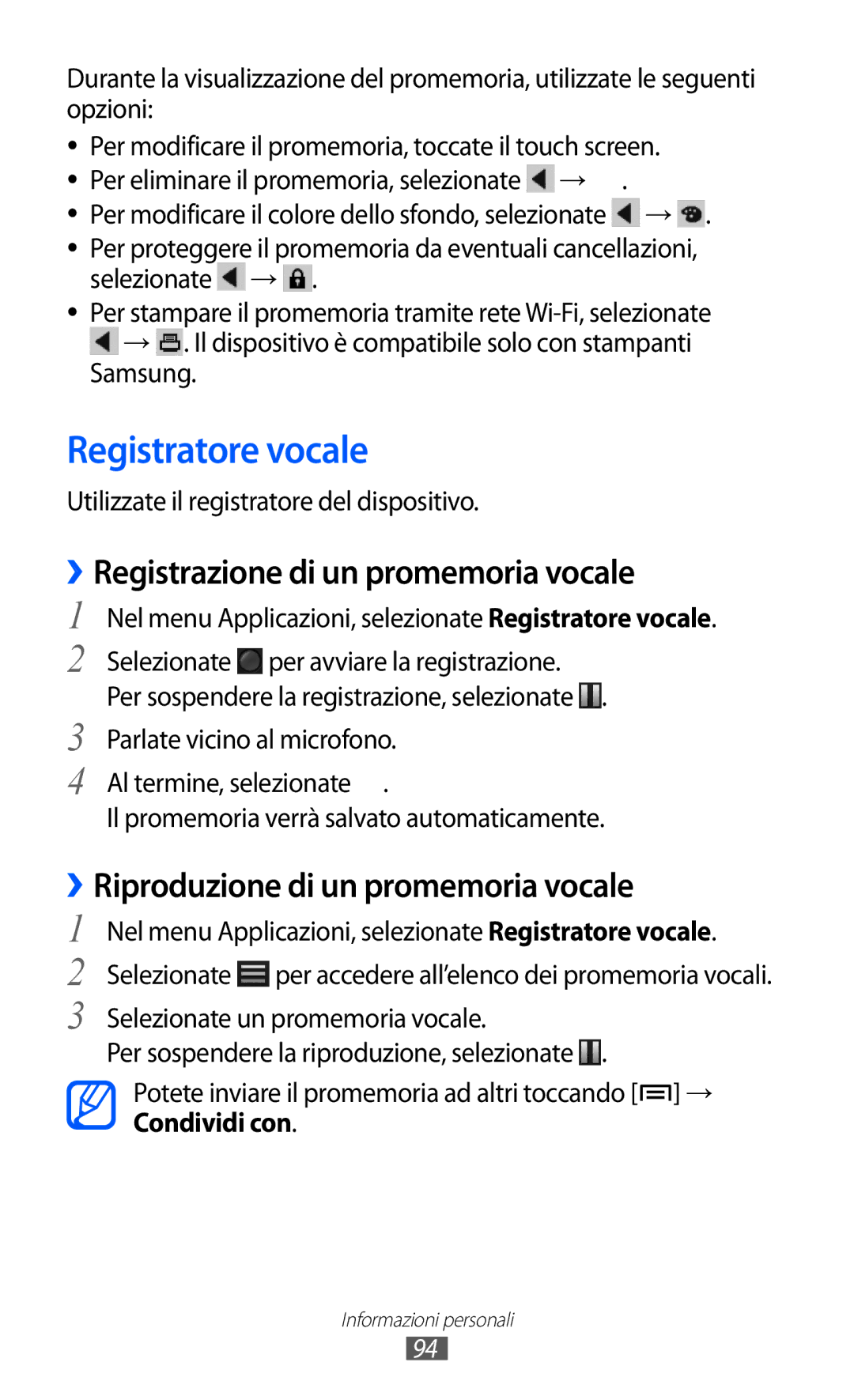 Samsung GT-I9100RWATIM, GT-I9100LKAXSP, GT-I9100LKAITV manual Registratore vocale, ››Registrazione di un promemoria vocale 