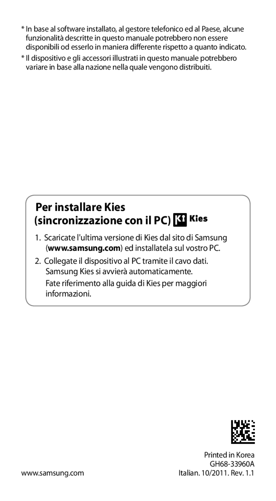 Samsung GT-I9100LKAVOM, GT-I9100LKAXSP, GT-I9100LKAITV manual Per installare Kies sincronizzazione con il PC, GH68-33960A 