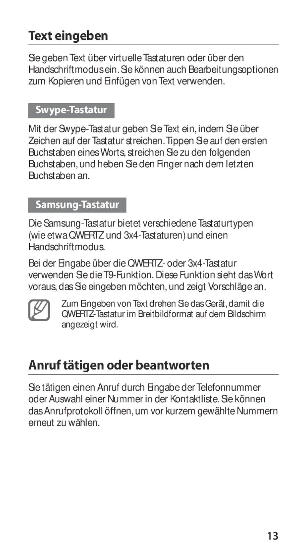 Samsung GT-I9100RWRDBT, GT-I9100LKAXSP Text eingeben, Anruf tätigen oder beantworten, Swype-Tastatur, Samsung-Tastatur 