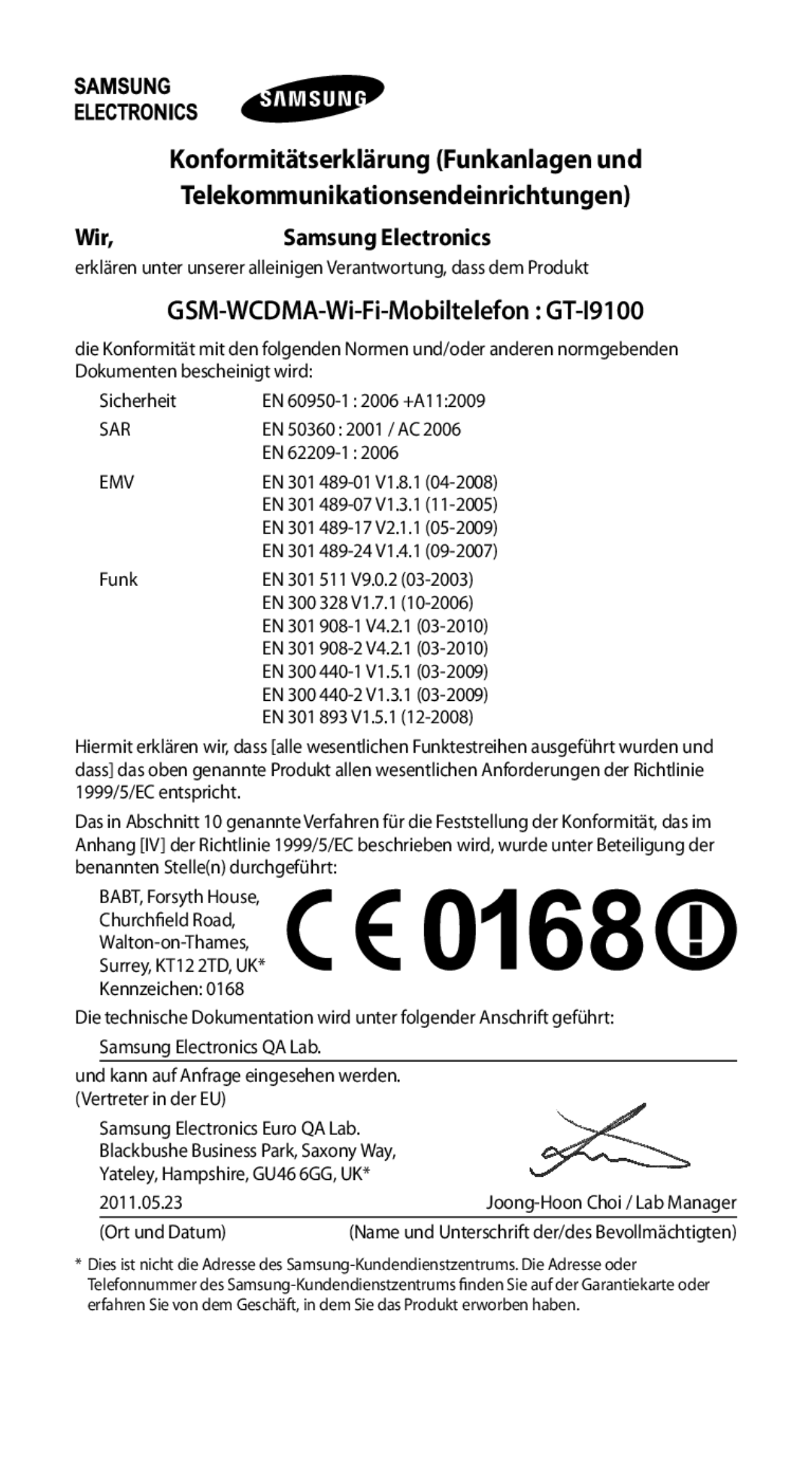 Samsung GT-I9100LKAMBC Konformitätserklärung Funkanlagen und, Telekommunikationsendeinrichtungen, Wir Samsung Electronics 