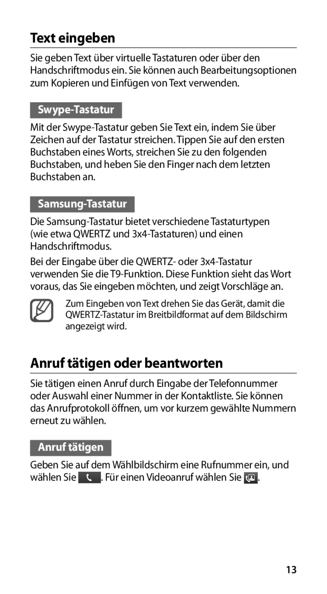 Samsung GT-I9100RWRDBT, GT-I9100LKAXSP Text eingeben, Anruf tätigen oder beantworten, Swype-Tastatur, Samsung-Tastatur 