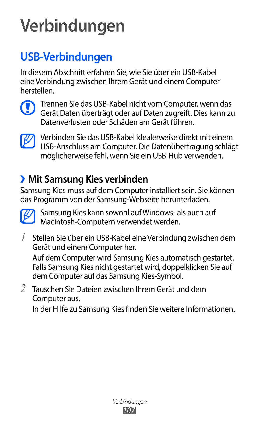 Samsung GT-I9100LKNSFR, GT-I9100LKAXSP, GT-I9100LKAVIA, GT-I9100RWAEPL USB-Verbindungen, ››Mit Samsung Kies verbinden, 107 