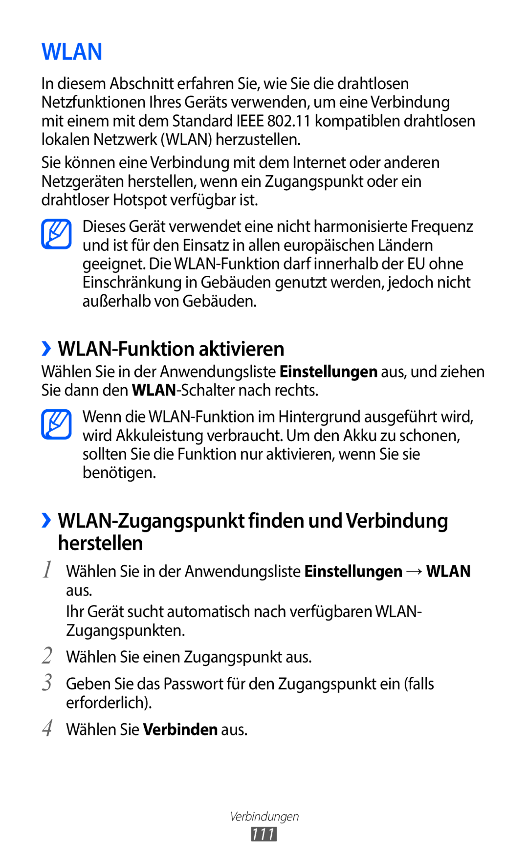 Samsung GT-I9100RWATUR manual ››WLAN-Funktion aktivieren, ››WLAN-Zugangspunkt finden und Verbindung herstellen, 111 