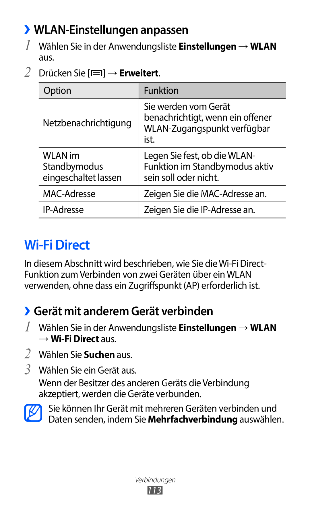 Samsung GT-I9100LKAITV manual Wi-Fi Direct, ››WLAN-Einstellungen anpassen, ››Gerät mit anderem Gerät verbinden, 113 