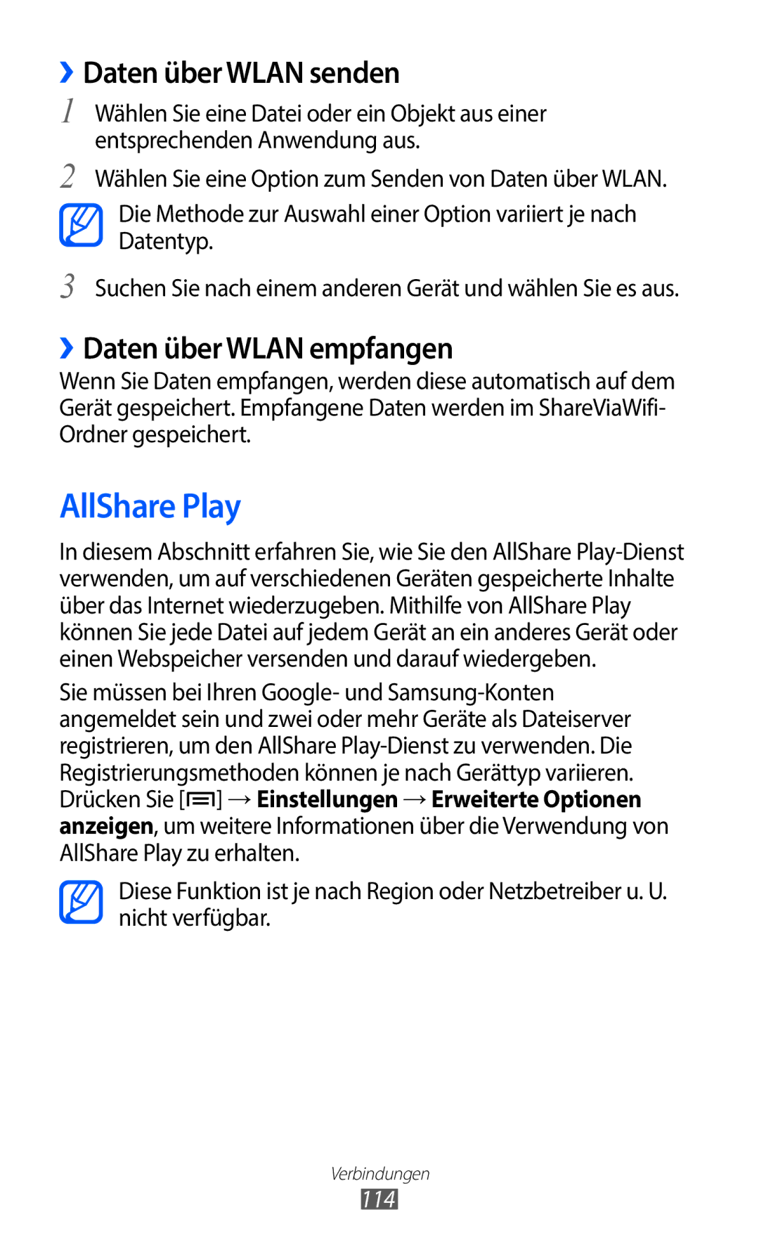 Samsung GT-I9100LKAIDE, GT-I9100LKAXSP manual AllShare Play, ››Daten über Wlan senden, ››Daten über Wlan empfangen, 114 