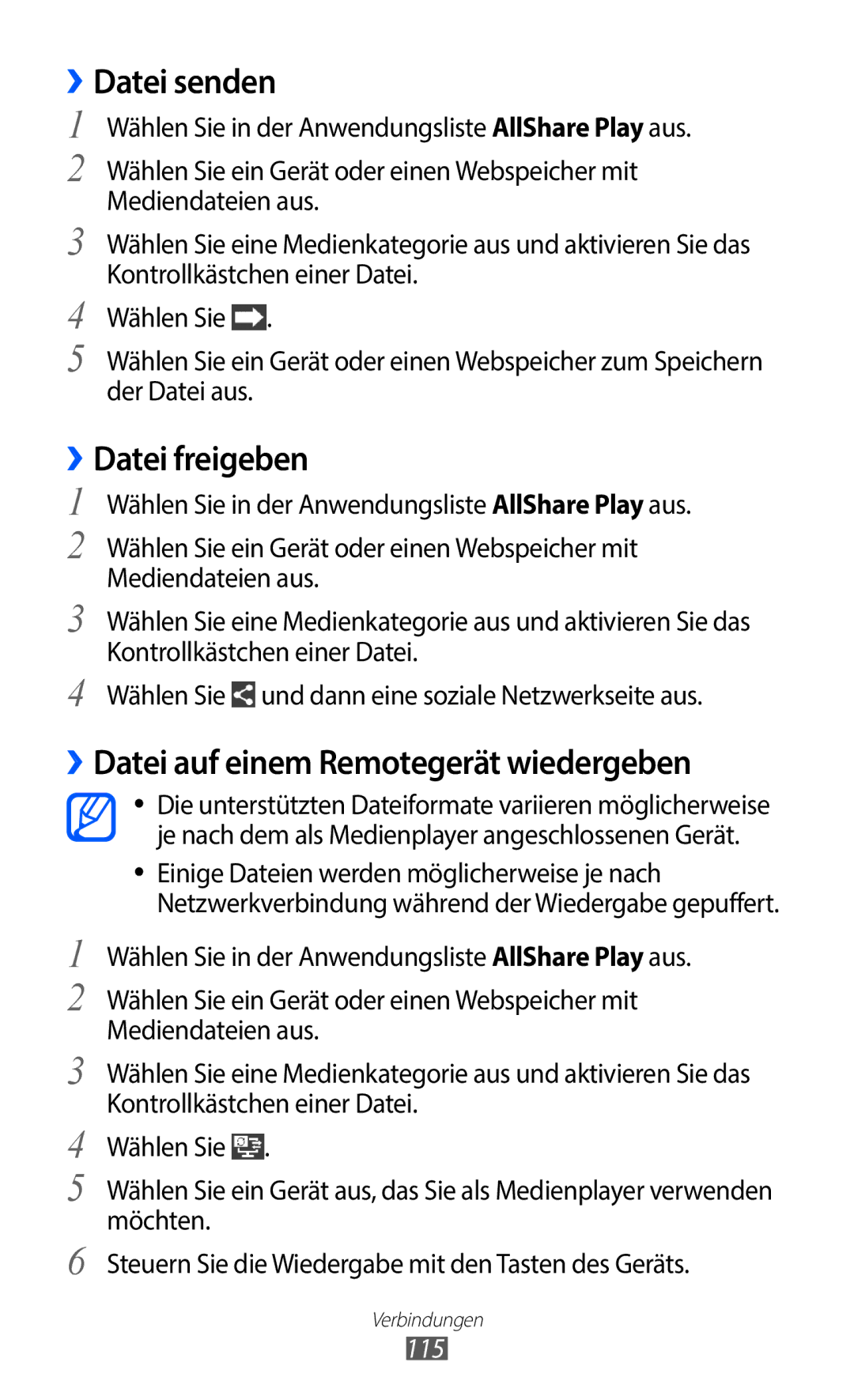 Samsung GT-I9100LKATPH, GT-I9100LKAXSP ››Datei senden, ››Datei freigeben, ››Datei auf einem Remotegerät wiedergeben, 115 