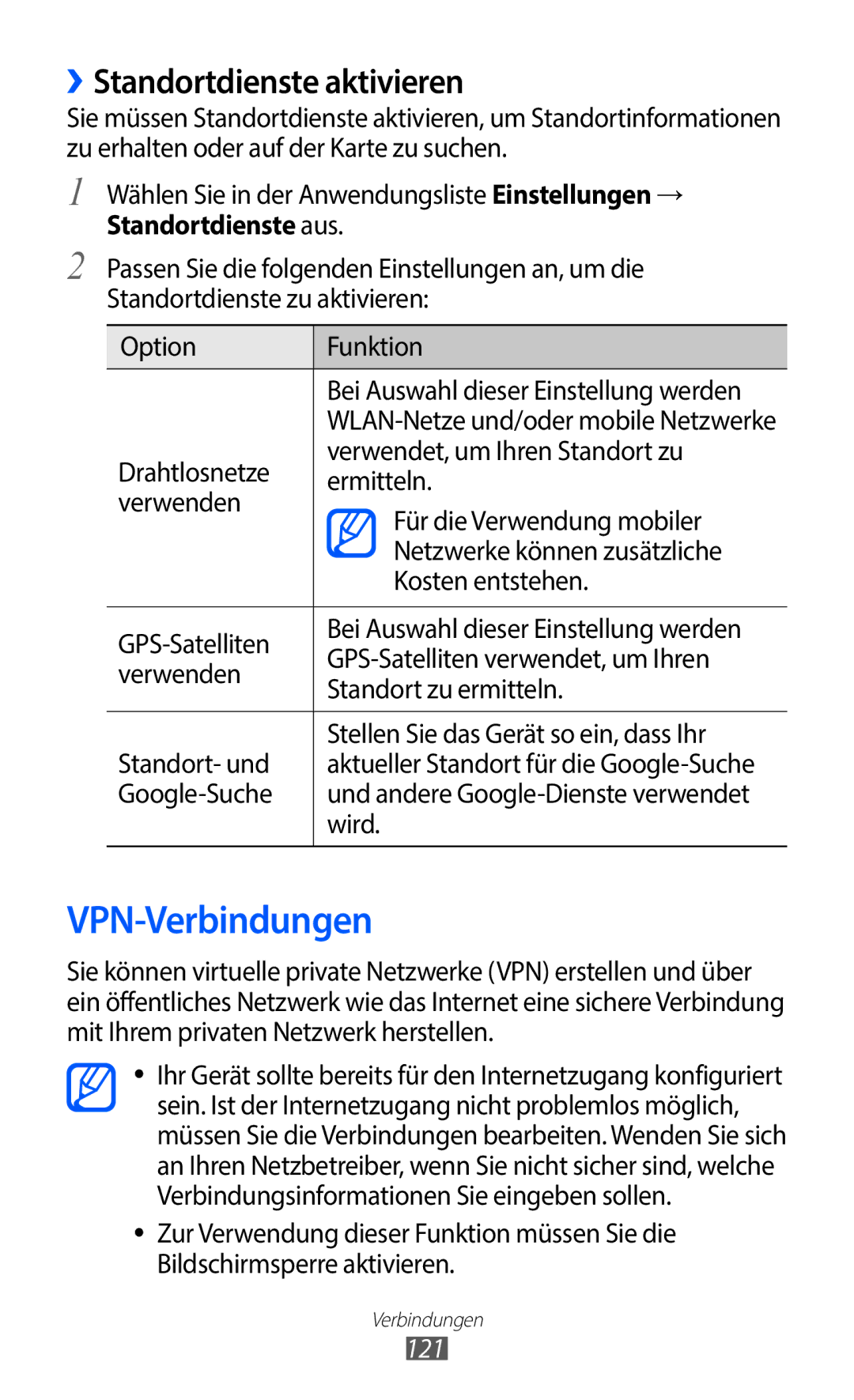 Samsung GT-I9100LKNDBT, GT-I9100LKAXSP, GT-I9100LKAVIA, GT-I9100RWAEPL VPN-Verbindungen, ››Standortdienste aktivieren, 121 