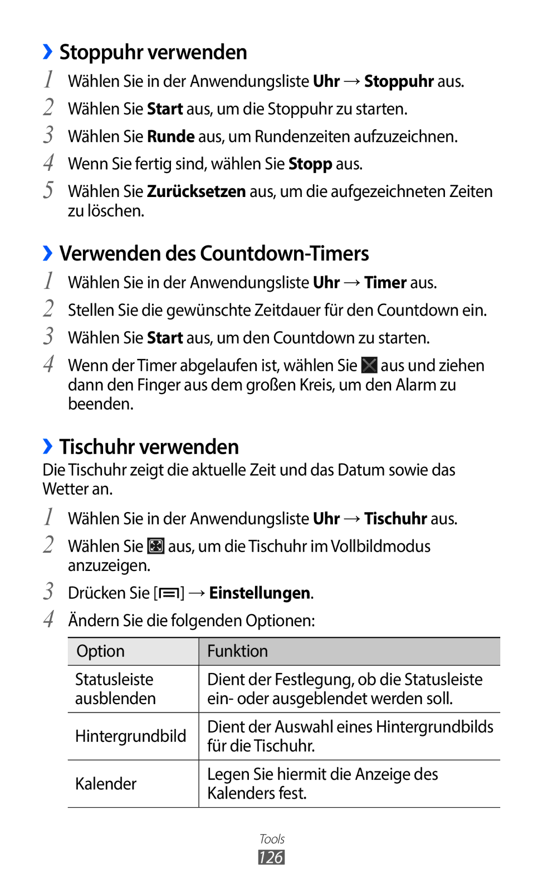 Samsung GT-I9100OIGDBT, GT-I9100LKAXSP ››Stoppuhr verwenden, ››Verwenden des Countdown-Timers, ››Tischuhr verwenden, 126 